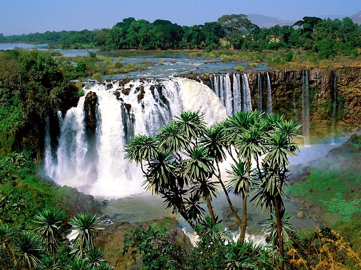 Син Нил Фолс, водопади снимка, Свят, Африка, дървета, вода, синьо, Нил пада, HD тапет