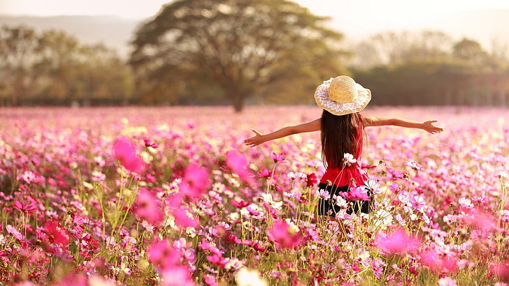 landscape, women, women outdoors, flowers, field, hat, Cosmos (flower), HD wallpaper