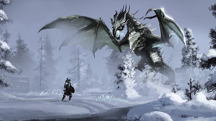 Knight Medieval Drawing Dragon Snow HD, knight in front of black and green winter wyvern dragon during snow, fantasy, drawing, snow, dragon, knight, medieval, HD wallpaper