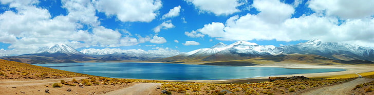 zbiornik wodny, przyroda, krajobraz, fotografia, panoramy, jezioro, góry, chmury, zaśnieżony szczyt, droga polna, krzewy, Pustynia Atakama, Chile, Tapety HD