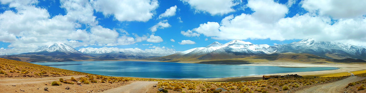 corpo de água, natureza, paisagem, fotografia, panoramas, lago, montanhas, nuvens, pico nevado, estrada de terra, arbustos, Deserto de Atacama, Chile, HD papel de parede HD wallpaper