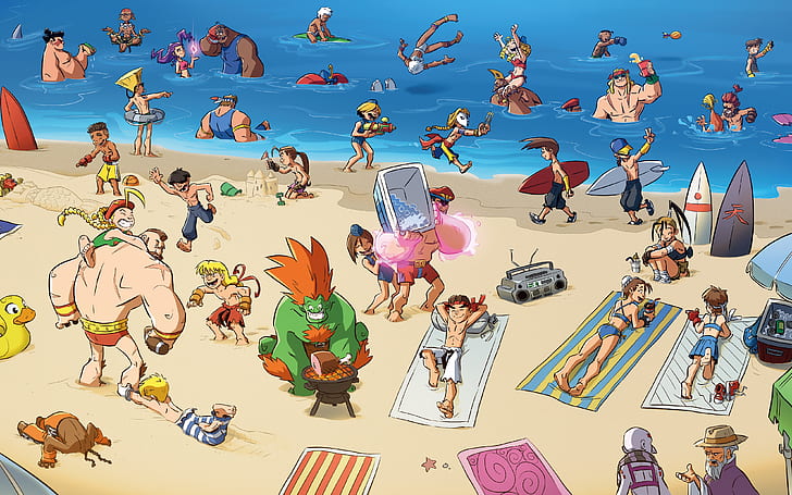 วิดีโอเกม, Video Game Art, Street Fighter, ชายหาด, Ryu (Street Fighter), Zangief (นักสู้ข้างถนน), Ken (Street Fighter), Chun-Li, Cammy, Blanka, M. bison, Ibuki (Street Fighter), Vega ( นักสู้ข้างถนน), Balrog, Dhalsim, Akuma, sand, group of people, วอลล์เปเปอร์ HD