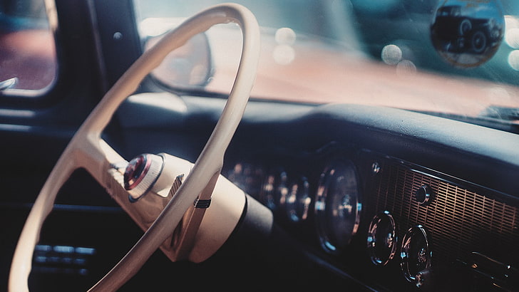 vintage, car, steering wheel, car interior, HD wallpaper