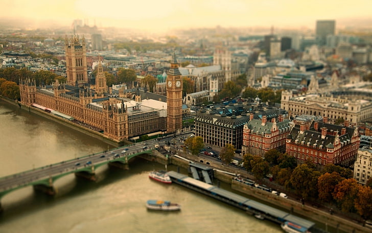 aerial photography of Big Ben, London, tilt shift, London, HD wallpaper