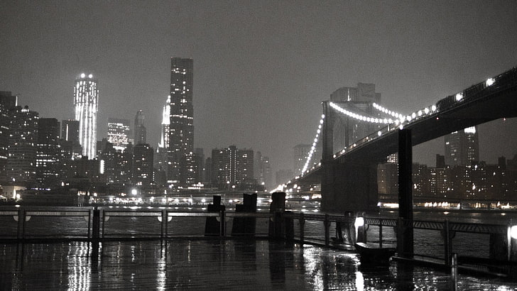 photography, urban, city, night, lights, building, reflection, New York City, Brooklyn Bridge, bridge, architecture, cityscape, sea, water, monochrome, rain, HD wallpaper