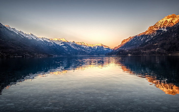 lake and glacier mountain, Lake Brienz, Switzerland, landscape, reflection, nature, HD wallpaper