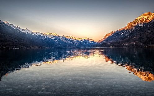 озеро и ледниковая гора, озеро Бриенц, Швейцария, пейзаж, отражение, природа, HD обои HD wallpaper