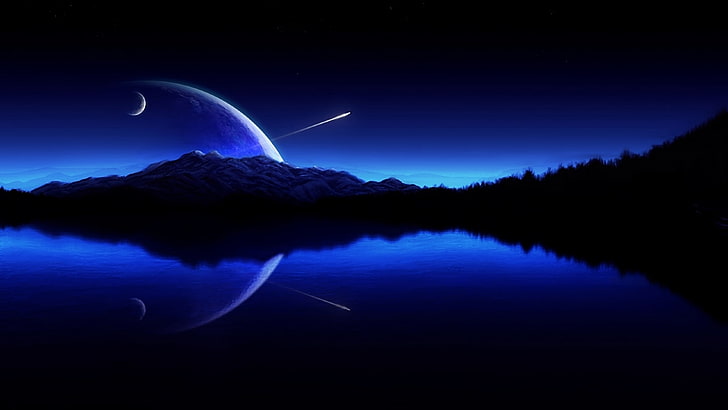 بحيرات المياه الزرقاء الليلية sillhouette 1600x900 بحيرات الطبيعة عالية الدقة الفن والأزرق والماء، خلفية HD