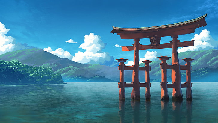 tori gate digital wallpaper, sanctuaire, eau, montagnes, nuages, art numérique, ciel, lac, illustration, torii, Fond d'écran HD