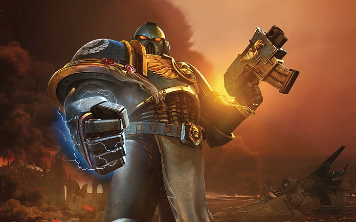 robot character holding firearm graphic artwork, Warhammer 40,000, Ultramarines, space marines, HD wallpaper
