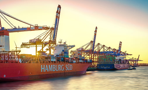 небето, слънцето, лъчите, реката, корабите, Германия, пристанището, Хамбург, кранове, HD тапет HD wallpaper