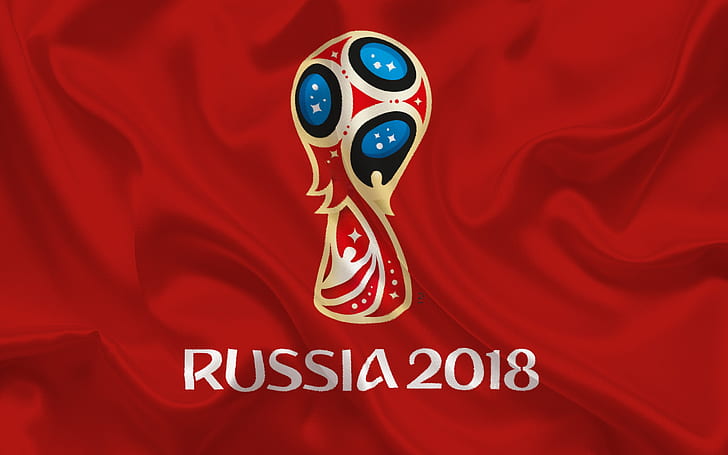 sport, logo, Russia, football, soccer, World Cup, FIFA, red background, FIFA World Cup, official logo, Russia 2018, HD wallpaper