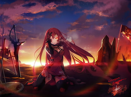 шатенка женщина аниме персонаж иллюстрация, аниме, аниме девушки, малиновый мститель, Elsword, длинные волосы, рыжий, красные глаза, меч, оружие, чулки, открытая рубашка, кровь, HD обои HD wallpaper