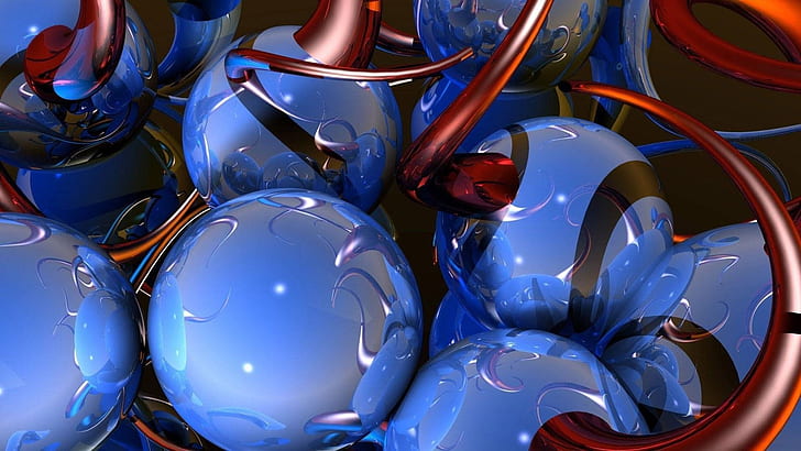 Лъскави сини сфери, сини, сфери, лъскави, 3d и абстрактни, HD тапет