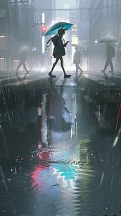 Arknights, Amiya (Arknights), Regen, Stadt, Straße, Regenschirm, vertikal, Tierohren, HD-Hintergrundbild HD wallpaper