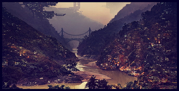 село с река, произведения на изкуството, концептуално изкуство, научна фантастика, футуристичен град, HD тапет HD wallpaper