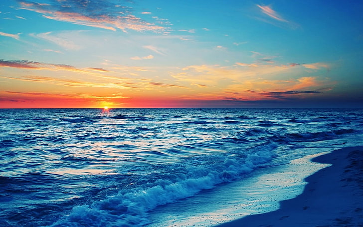 orilla de la playa, playa, puesta de sol, costa, olas, mar, Fondo de pantalla HD
