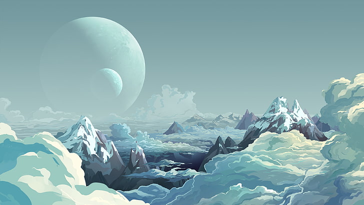 snow capped mountains wallpaper, artwork, illustration, mountains, sky, digital art, HD wallpaper