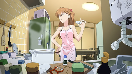 Asuka Langley Soryu, Neon Genesis Evangelion, anime girls, kitchen, anime, HD wallpaper HD wallpaper