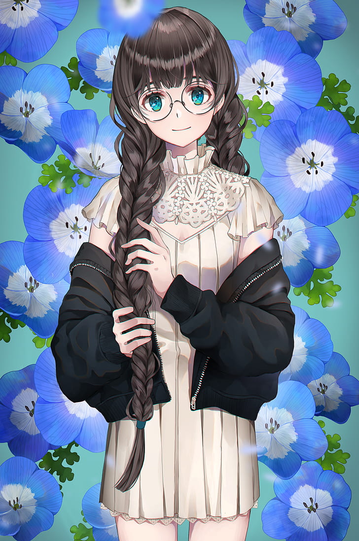 Anime, Anime Girls, Brille, Blumen, blaue Augen, dunkles Haar, langes Haar, HD-Hintergrundbild, Handy-Hintergrundbild
