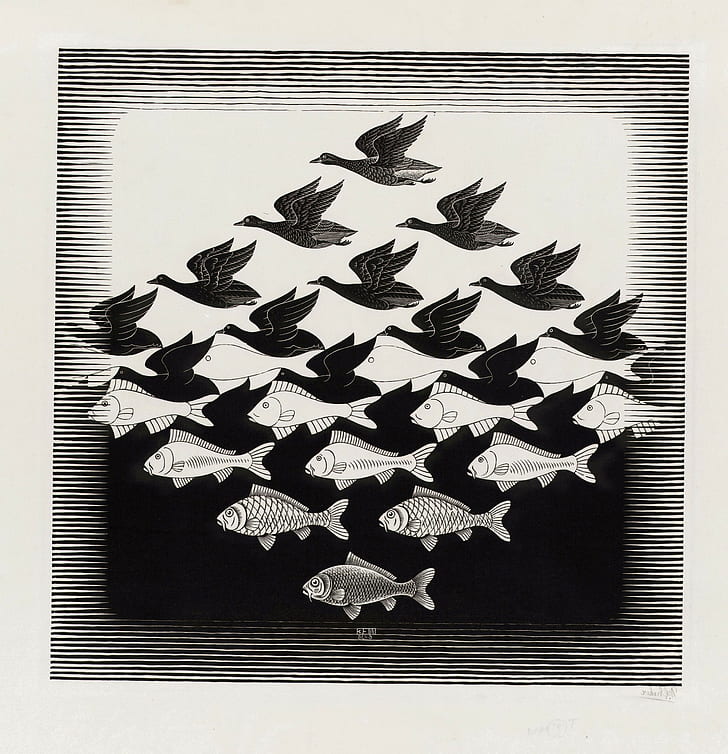 m c escher karya seni ilusi optik menggambar monokrom hewan burung ikan ilustrasi tanda tangan, Wallpaper HD, wallpaper seluler