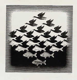 m c escher artwork optical illusion drawing monochrome animals birds fish illustration signatures, HD wallpaper HD wallpaper