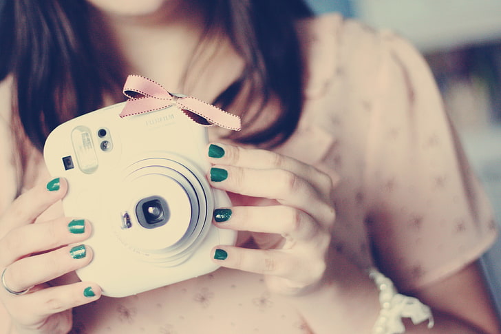 white Fujifilm Instax instant camera, girl, green, photo, background, pink, Wallpaper, mood, brunette, the camera, bow, nails, lacquer, HD wallpaper