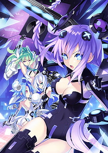 Hyperdimension Neptunia, anime girls, Neptune (Hyperdimension Neptunia), Blanc (Hyperdimension Neptunia), Vert (Hyperdimension Neptunia), Noire (Hyperdimension Neptunia), anime, Fond d'écran HD HD wallpaper