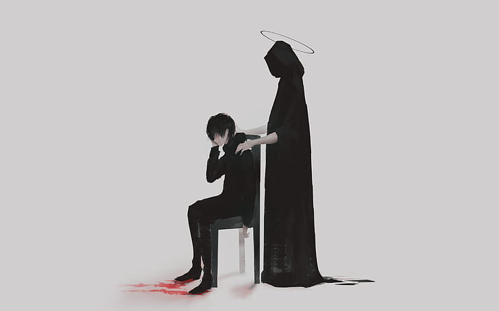 krew, proste tło, Aoi Ogata, grafika, czarna odzież, siedzący, płacz, szare tło, tunika, Tapety HD
