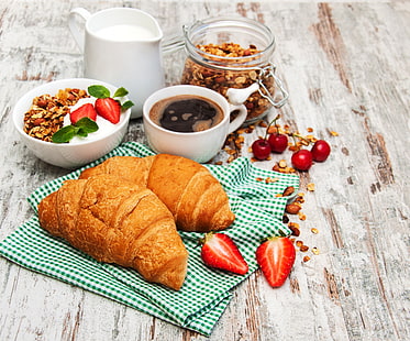 Еда, завтрак, ягода, кофе, круассан, чашка, фрукты, мюсли, натюрморт, Viennoiserie, HD обои HD wallpaper