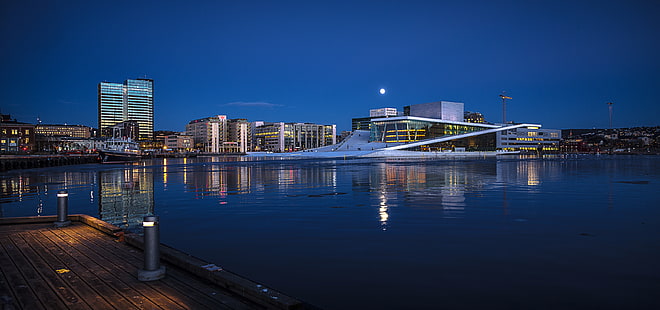 высотные здания, ночь, огни, дома, Норвегия, гавань, Осло, Оперный театр, HD обои HD wallpaper