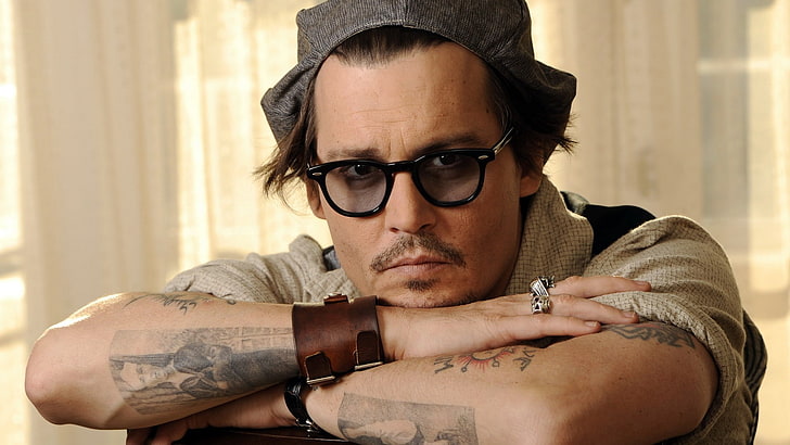Johnny Depp, men, actor, tattoo, glasses, hat, face, bracelets, rings, HD wallpaper