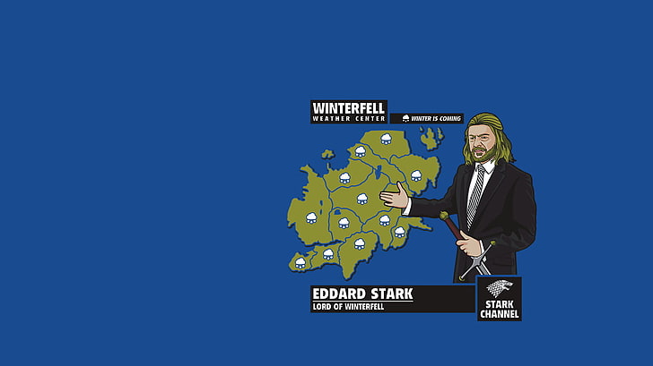Hombre sujetando espada lanzador meteorológico, Ned Stark, Juego de Tronos, Invernalia, Casa Stark, humor, fondo azul, Fondo de pantalla HD