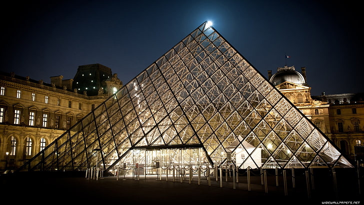 Лувър, Париж, Париж, Франция, Лувър, пирамида, архитектура, музей, нощ, HD тапет
