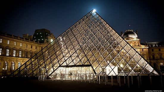 Louvre, Paris, Paris, France, Louvre, pyramid, architecture, museum, night, HD wallpaper HD wallpaper