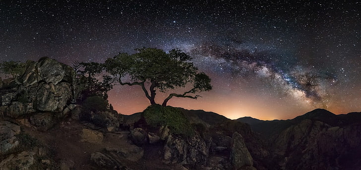 milky way over mountain wallpaper, nature, landscape, starry night, Milky Way, trees, mountains, lights, long exposure, space, rock, HD wallpaper