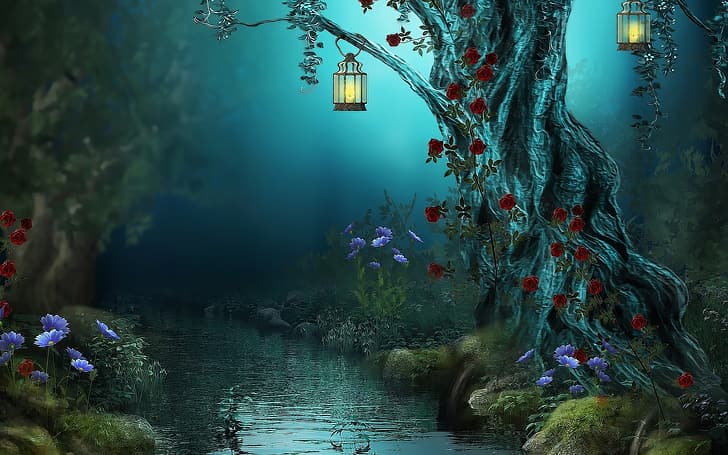 flowers, night, nature, stream, lights, magic forest, old tree, HD wallpaper