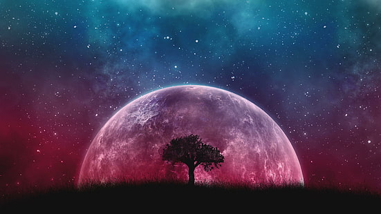 árvore, universo, arte digital, céu, arte, obra de arte, super lua, fantasia arte, árvore solitária, árvore solitária, estrelado, estrelas, campo, céu noturno, noite estrelada, lua, planeta, HD papel de parede HD wallpaper