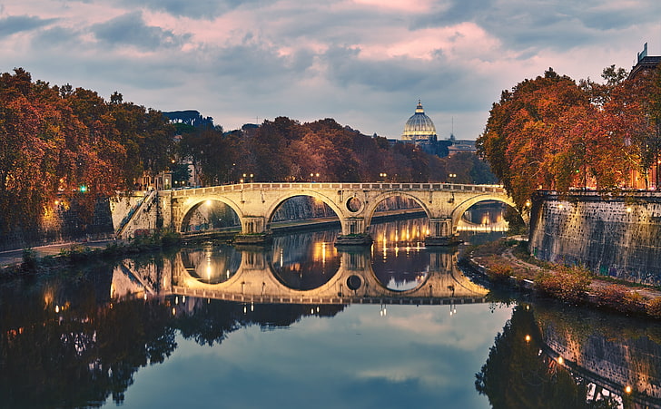 Ponte Sisto, Rome, Italy, beige concrete bridge, Europe, Italy, Autumn, Bridge, Fall, Dusk, Reflection, rome, HD wallpaper
