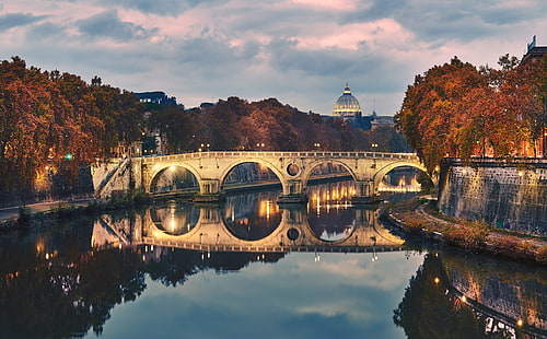 Ponte Sisto, Rzym, Włochy, beżowy betonowy most, Europa, Włochy, Jesień, Most, Upadek, Zmierzch, Odbicie, Rzym, Tapety HD HD wallpaper