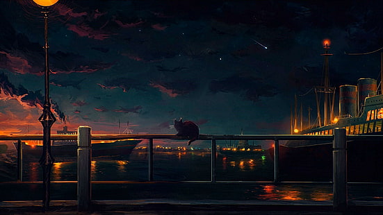 night, railing, harbor, ship, cat, sea, anime landscape, anime art, HD wallpaper HD wallpaper