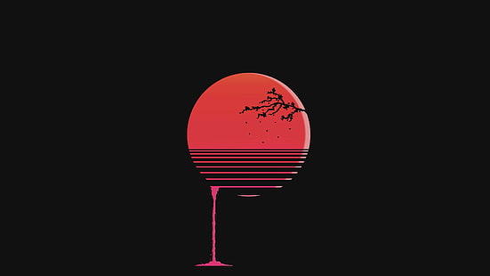 Ilustración redonda de luna roja y negra \, sol, sangre, puesta de sol, Photoshop, minimalismo, rojo, flor de cerezo, Fondo de pantalla HD HD wallpaper