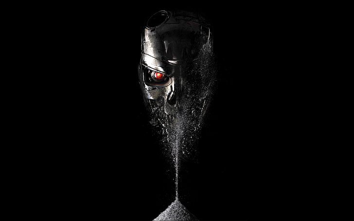 robot head wallpaper, red, eyes, fiction, skull, terminator, black background, Terminator: Genisys, Terminator: Genesis, ashes, pours, HD wallpaper