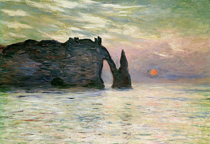 formación rocosa en el mar pintura, mar, paisaje, fotografía, Claude Monet, Manport.Roca en Etretat.Puesta de sol, Fondo de pantalla HD