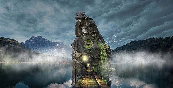 woman sitting on stone statue, sculpture, photoshop, bridge, twilight, mountains, sky, HD wallpaper HD wallpaper