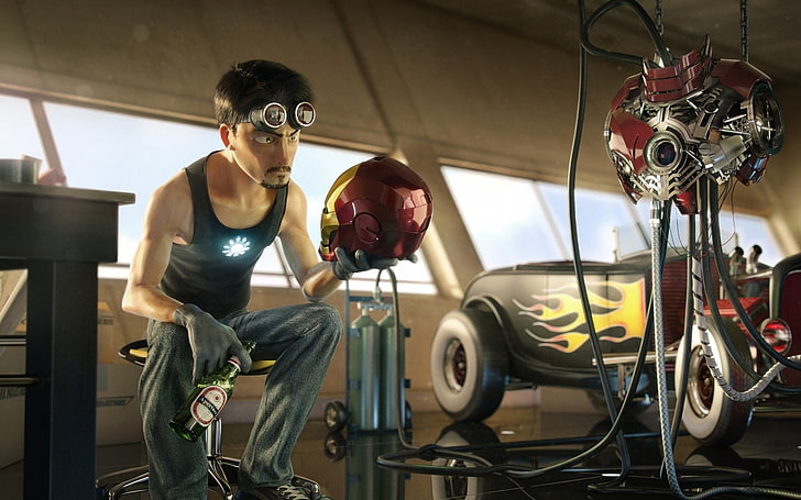 железный человек автомобили комиксы cgi очки Тони Старк произведение искусства marvel comics marvel 1920x1200 Абстрактные 3D и CG HD Art, автомобили, Железный человек, HD обои