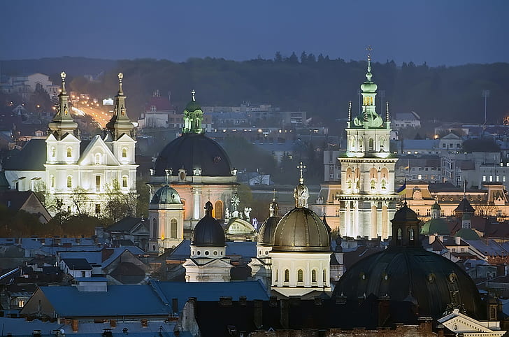 The Dominican Cathedral Ukraine, white and gray dome building, Ukraine, home, the monastery, the bell tower, the evening, Lions, Church of the assumption, The Dominican Cathedral, city view, HD wallpaper