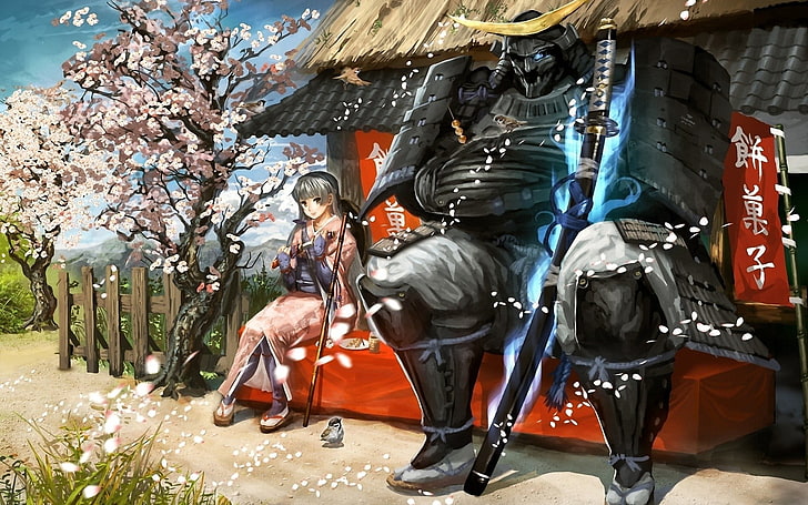 two anime characters digital wallpaper, samurai, anime girls, anime, HD wallpaper