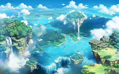 anime, céu, ilha, paisagem, HD papel de parede HD wallpaper
