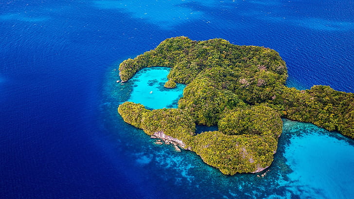въздушна фотография, острови Палау, архипелаг, отгоре, риф, остров, Палау, остров, коралов риф, море, HD тапет